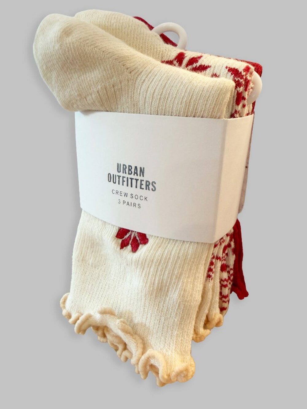 Urban Outfitters Lightweight Ribbed Crew Socks - Cream & Red Floral Snowflake